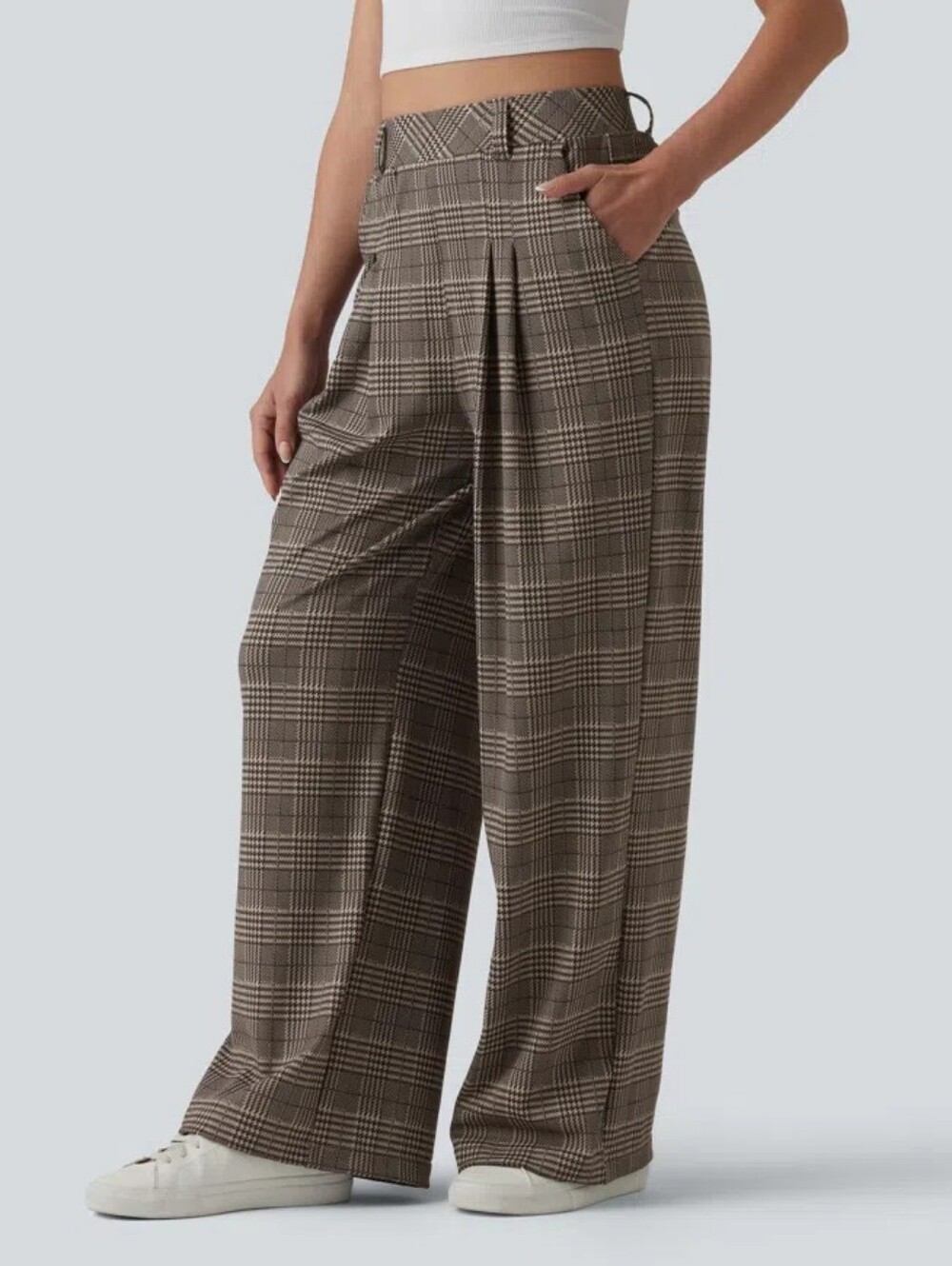 HALARA High Waisted Wide Leg Brown Houndstooth Plaid Casual Pants W/ Pockets Med